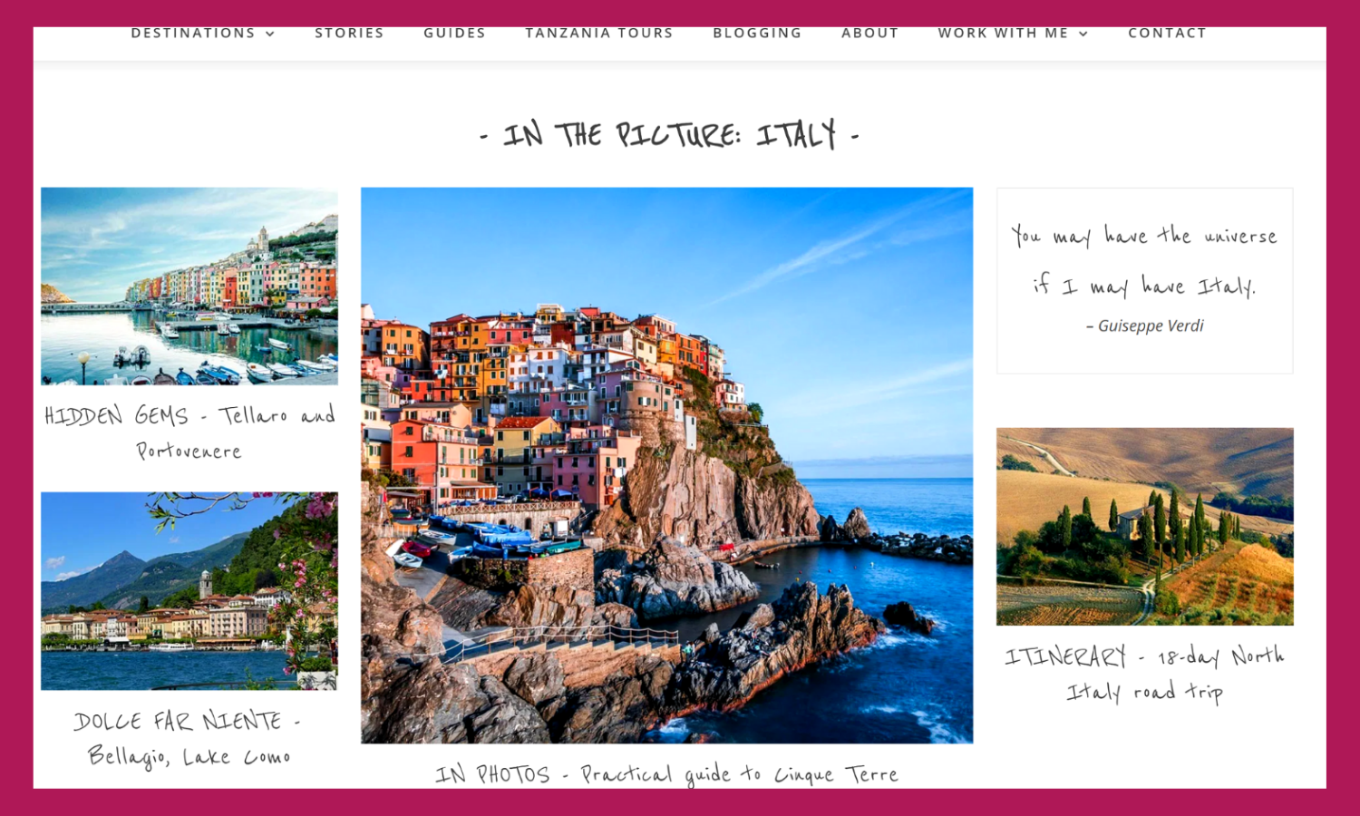 A screenshot of Lili's Travel Plans blog posts. The layout adopts a scrapbook style with bright photographs above the blog post titles. 