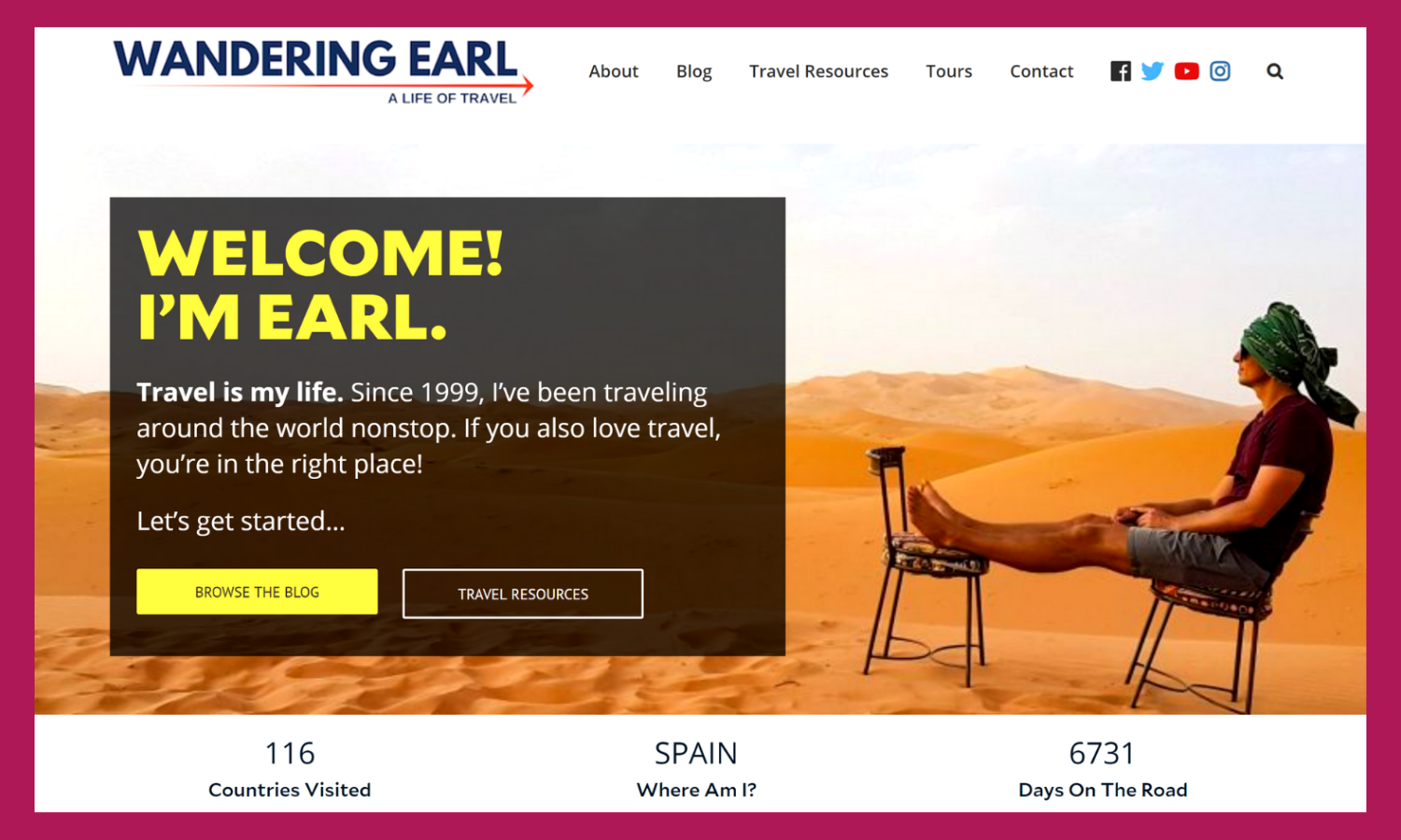 A screenshot of Wandering Earl homepage. It shows Derek Earl sat on a chair looking over a dessert with a short bio typed on top of the photograph. 